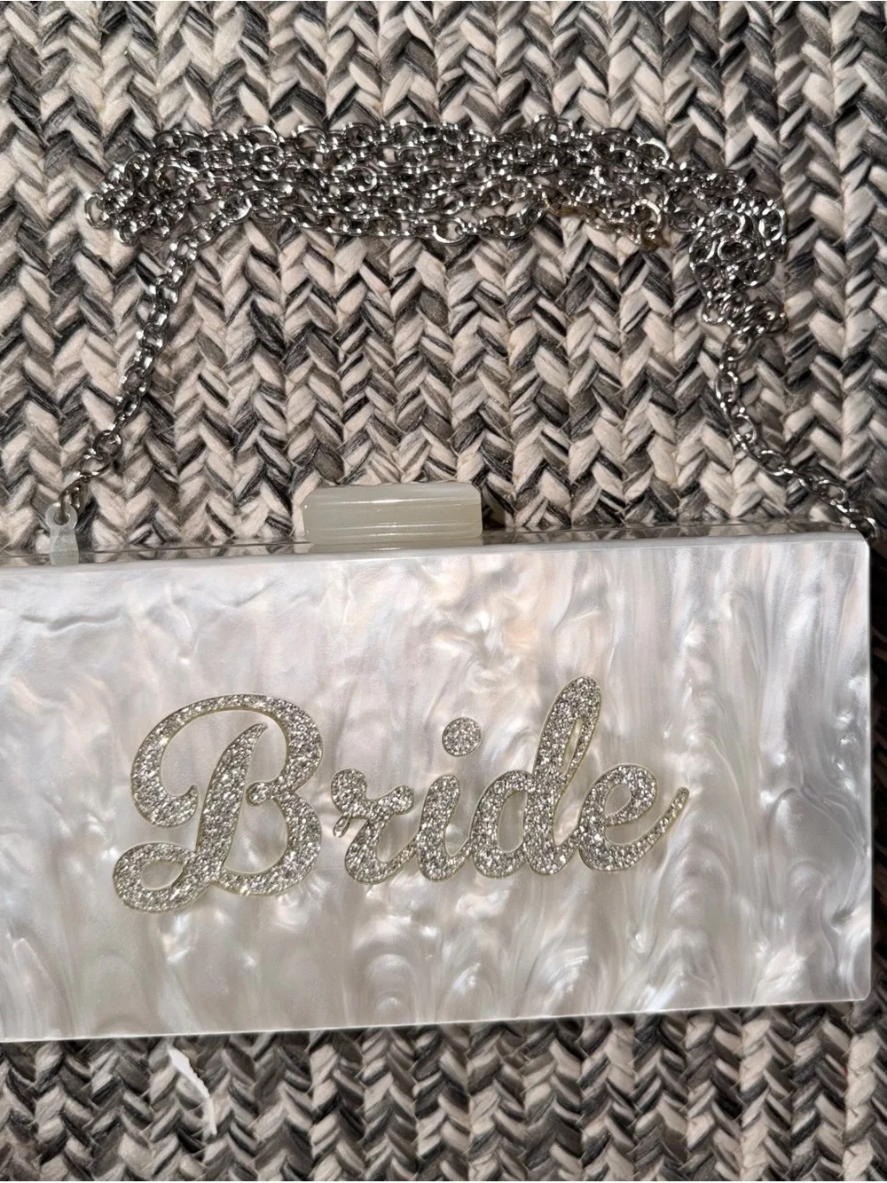 Pearl Acrylic “Bride” Box Clutch with Removable Chain Strap